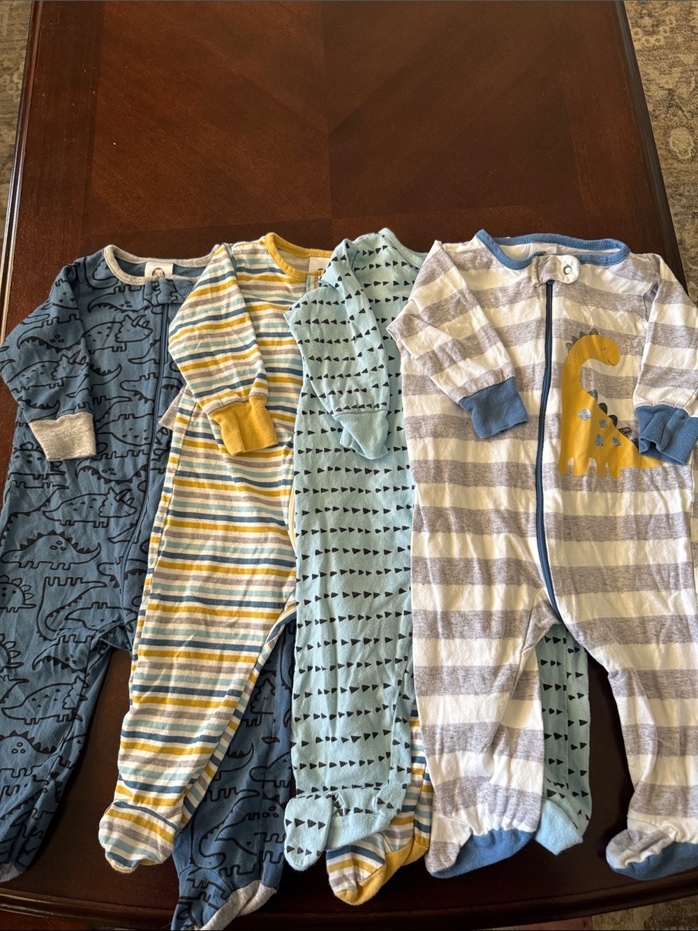 Baby Boys' Striped & Dino One-Piece Sleepers - Blue, Yellow, Gray